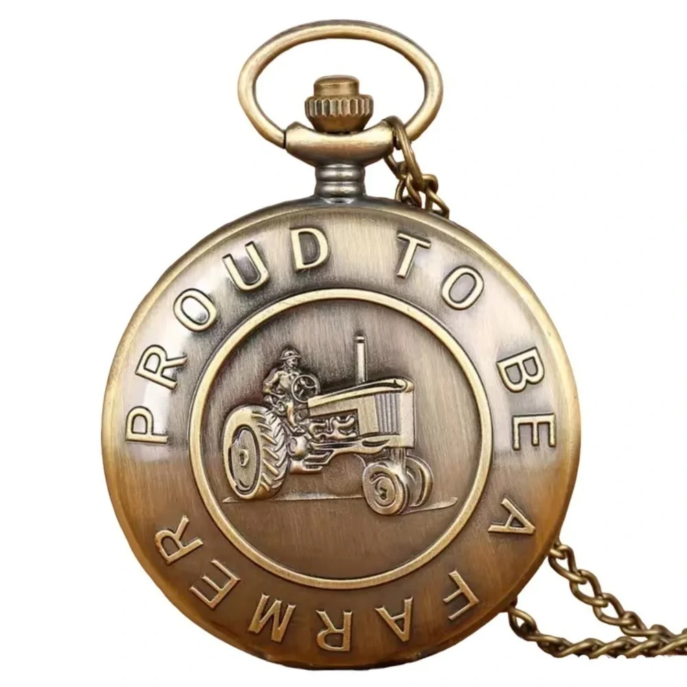 Farmer Bronze Pocket Watch Chained Pendant Retro Quartz Analog Gift Pouch